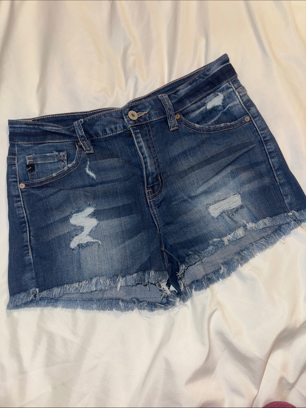 KanCan Dark Blue Distressed Denim Shorts with Frayed Hem